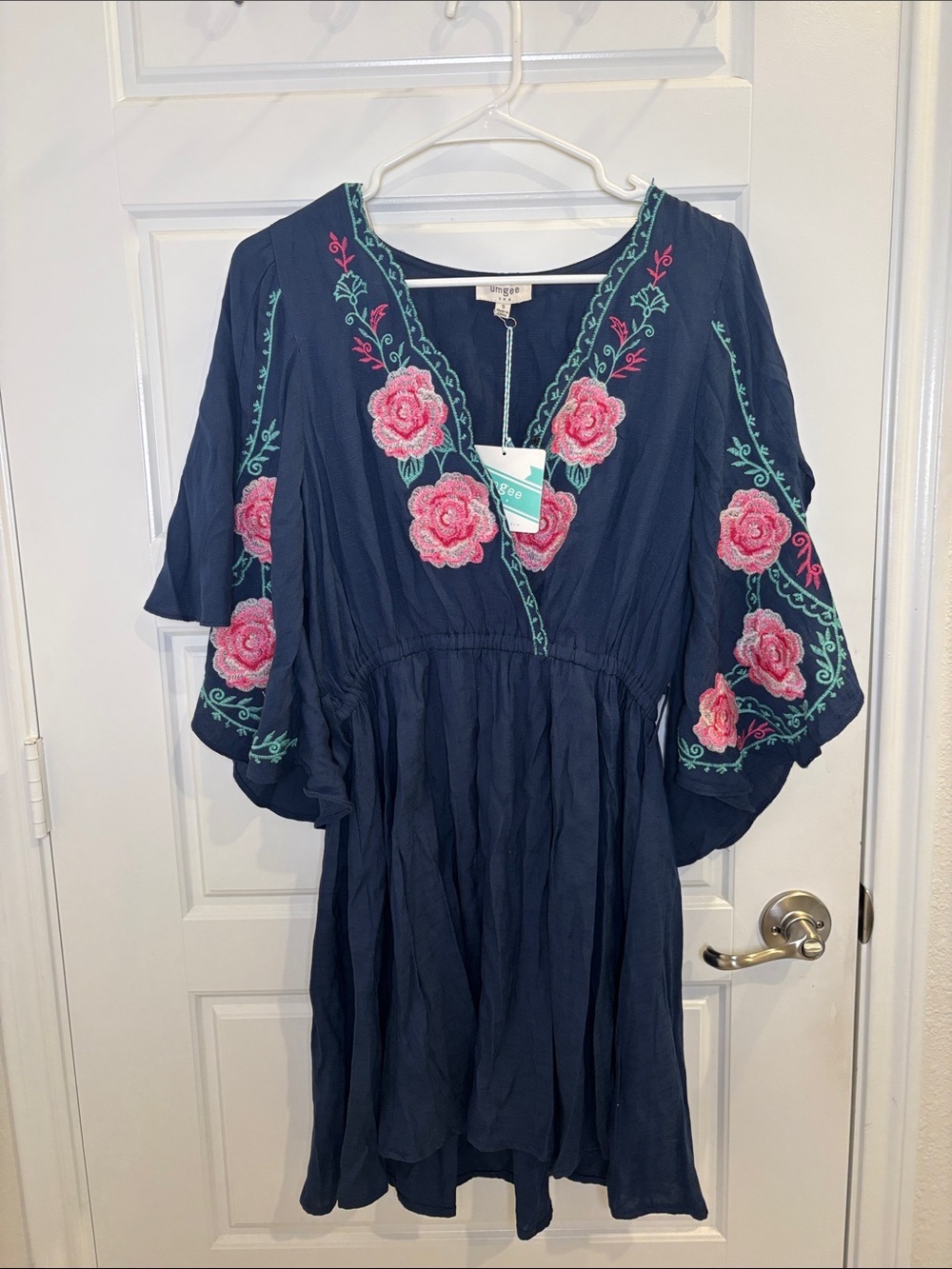 Umgee Embroidered Boho Dress Small Navy Floral Bell Sleeve Mini Dress